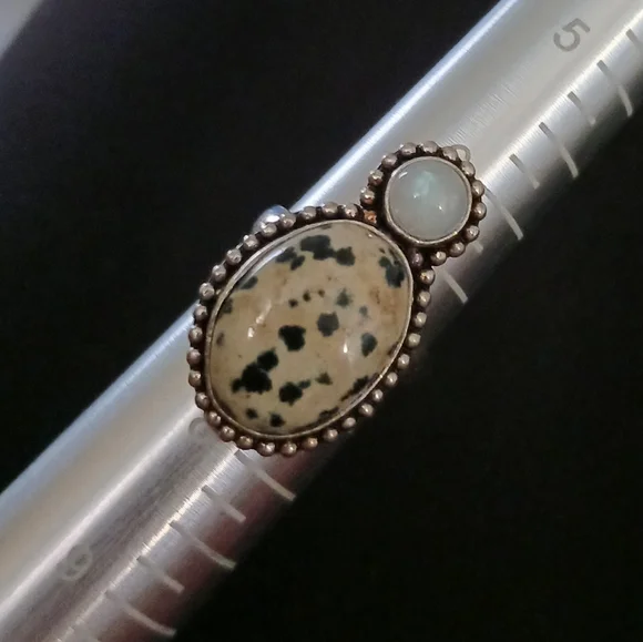 Dalmation Jasper and Moonstone, Sterling Plated, Size 7 - Picture 2 of 5